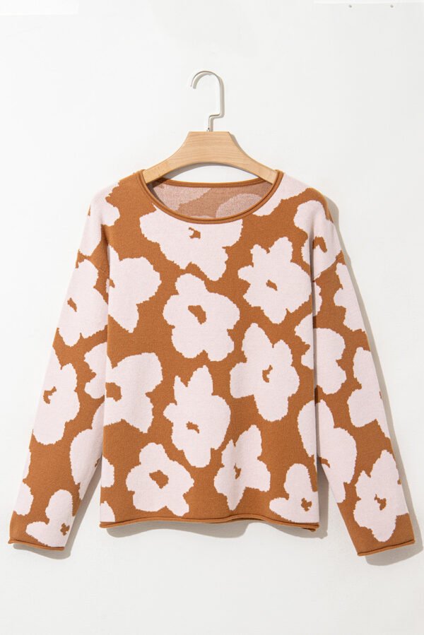 Brown Floral Pattern Crew Neck Long Sleeve Loose Sweater