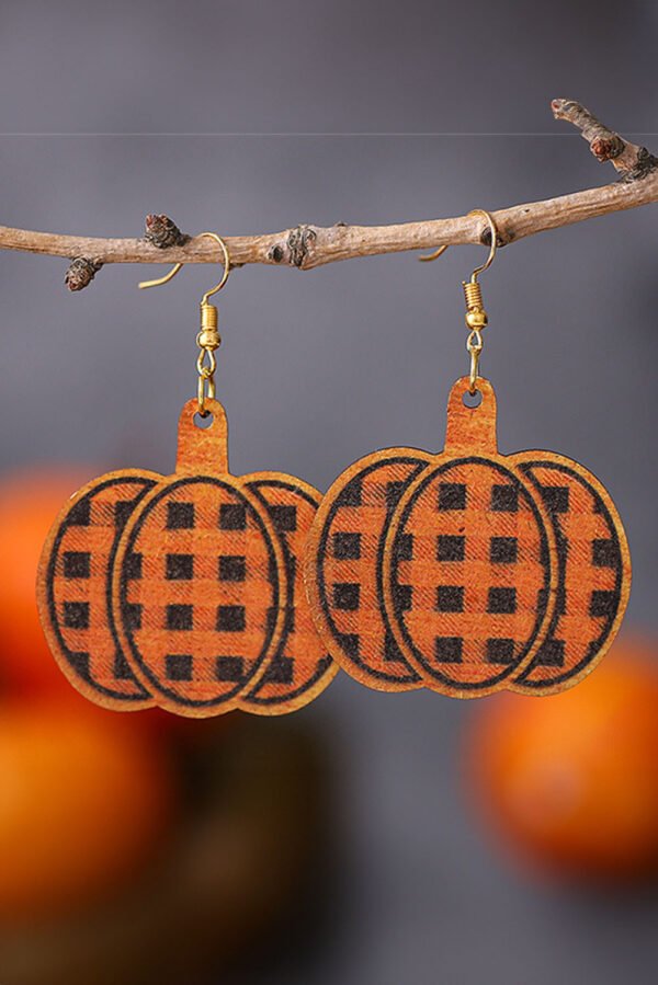 Russet Orange Plaid Print Pumpkin Shape Halloween Drop Earrings