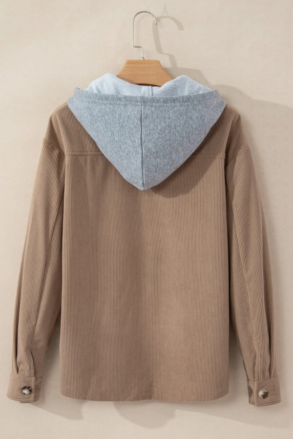 Pale Khaki Hooded Drawstring Pockets Corduroy Shacket