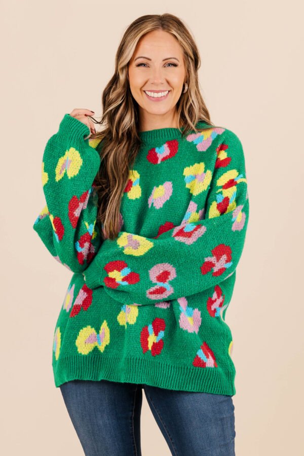 Green Plus Size Floral Knitted Ribbed Edge Drop Shoulder Sweater