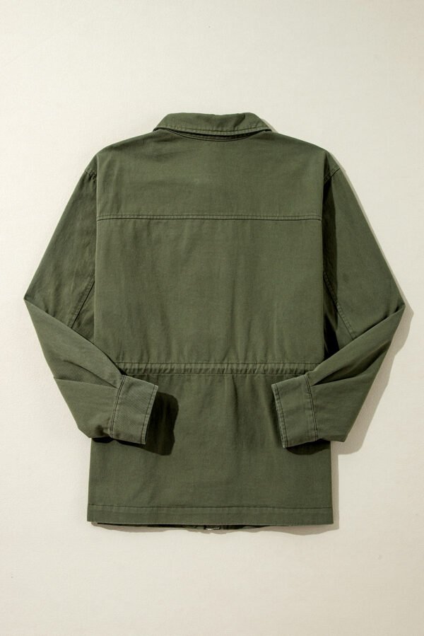 Moss Green Snap Button Zipper Tight Waist Collared Jacket