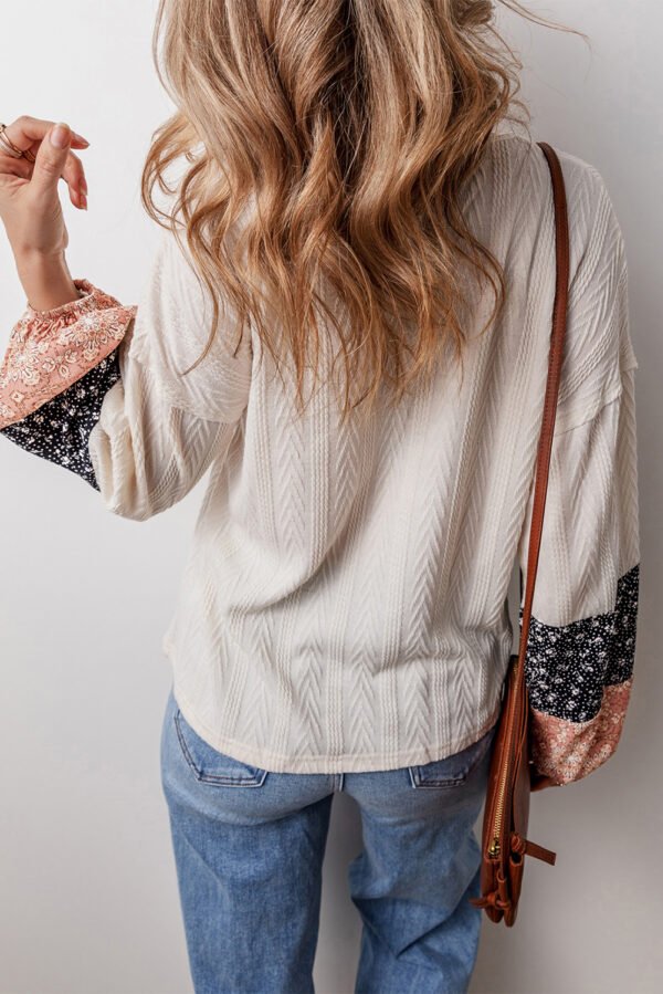 Beige Floral Patchwork Textured Knit Drawstring V Neck Blouse