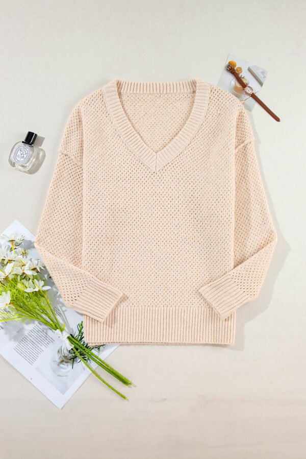 Parchment Loose Eyelet V Neck Drop Shoulder Sweater