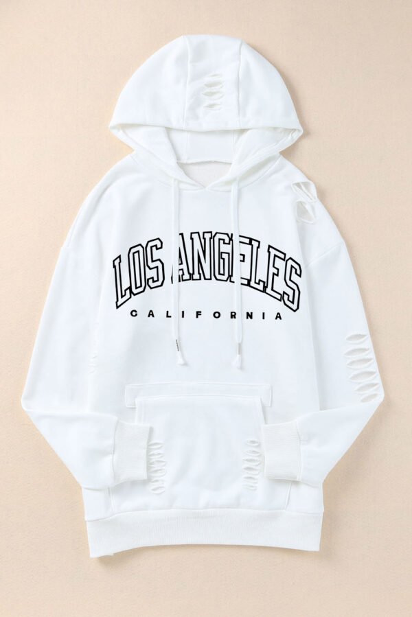 White LOS ANGELES Ripped Kangaroo Pocket Hoodie