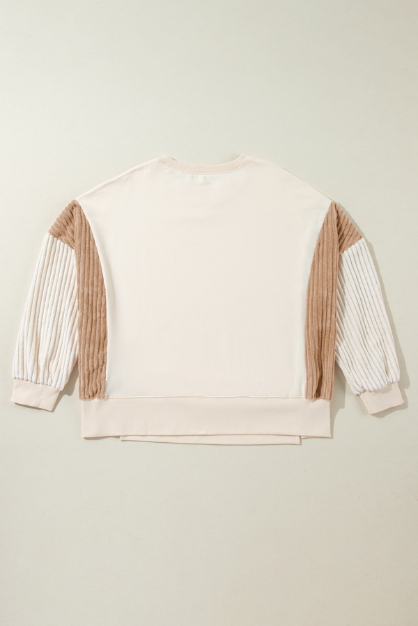 Apricot Corduroy Patchwork Drop Shoulder Long Sleeve Sweatshirt