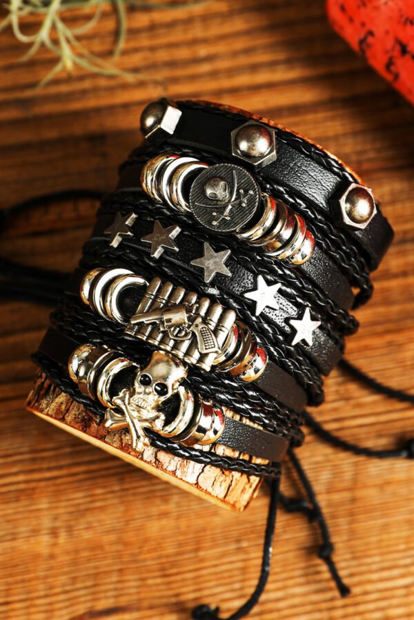 Black Gun Skull Star PU Leather Bracelet Set