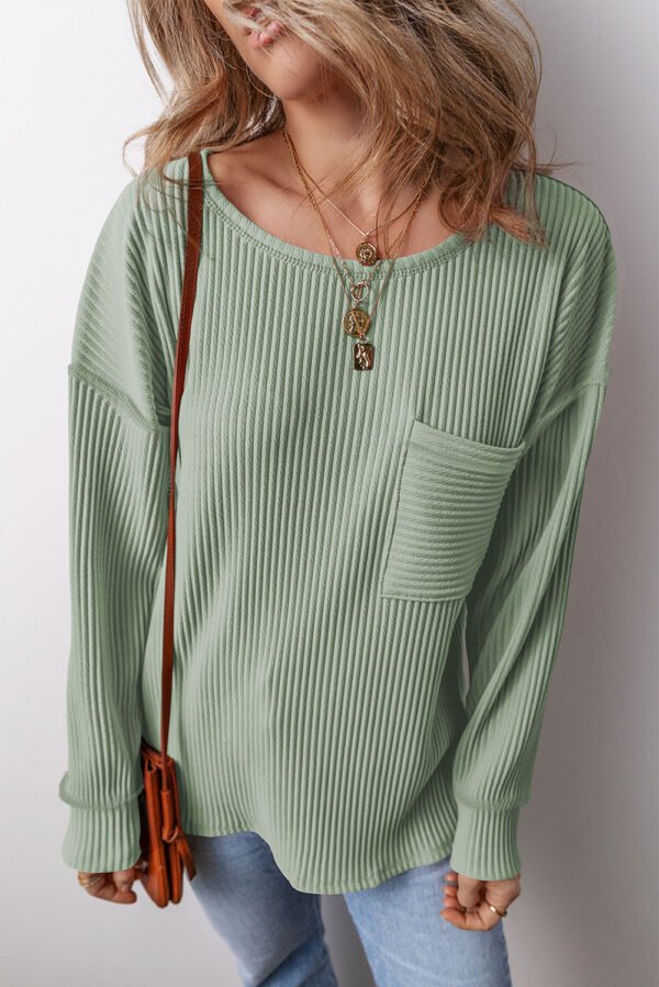 Clearly Aqua Solid Color Corded Drop Shoulder Long Sleeve Top