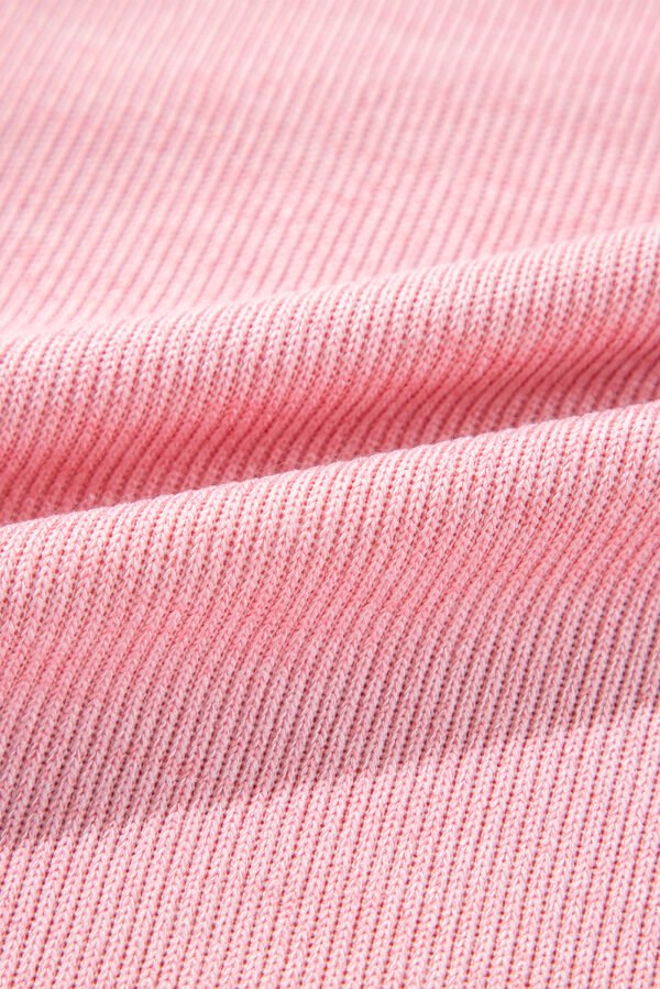 Pink Ribbed Knit Collared Henley Top with Chest Pocket