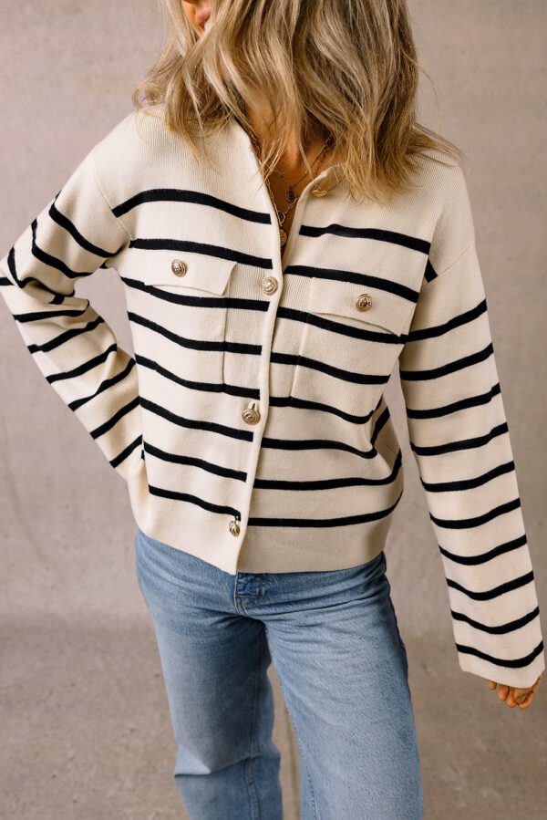 Black Stripe Flap Pocket Buttoned Cardigan Sweater