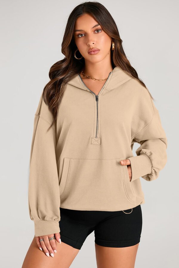 Parchment Solid Kangaroo Pocket Half Zipper Oversized Hoodie