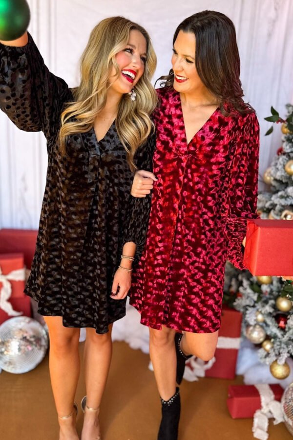 Black Textured V Neck Balloon Sleeve Velvet Mini Dress