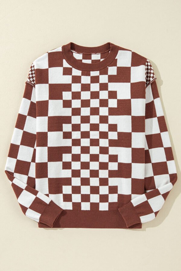 Brown Checkered Print Drop Shoulder Round Neck Sweater