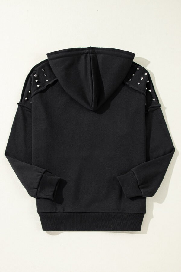 Black Solid Color Rivet Stud Raglan Sleeve Hoodie with Pocket