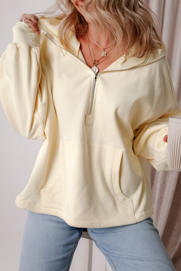 Beige Fleece Lined Half Zipper Kangaroo Pockets Loose Hoodie