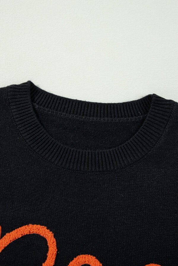 Black Boo Knitted Pattern Ribbed Edge Drop Shoulder Sweater