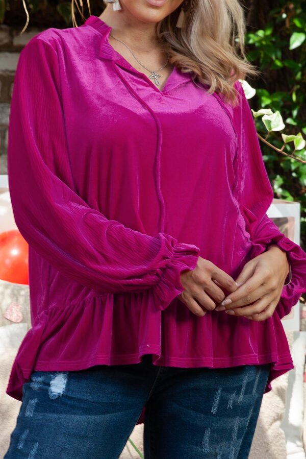 Bright Pink Plus Size Ruffled Sleeve V Neck Velvet Blouse