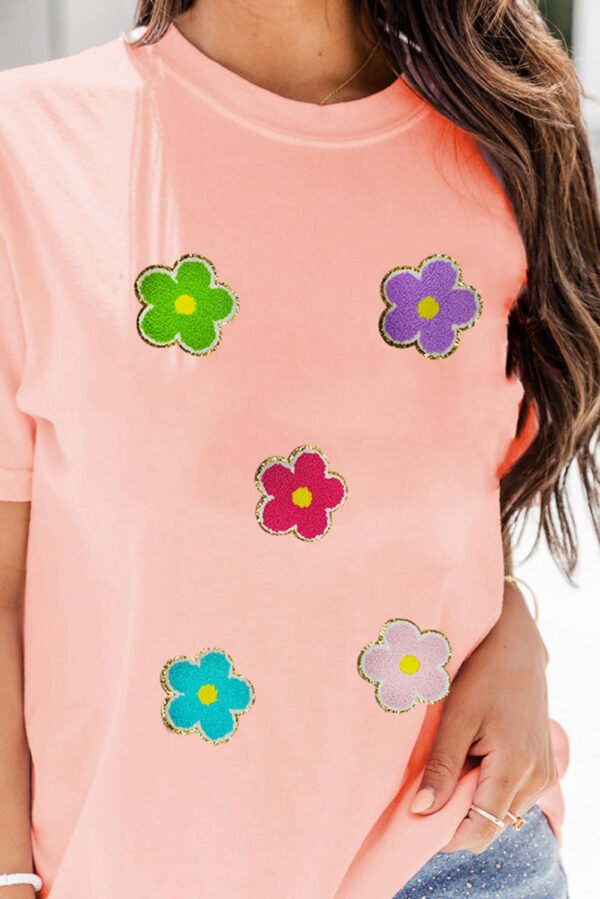 Pink Glittering Chenille Flower Patched Pattern Crewneck T Shirt