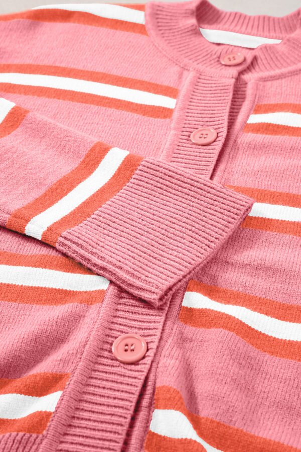 Pink Stripe Drop Shoulder Buttons Cardigan Sweater