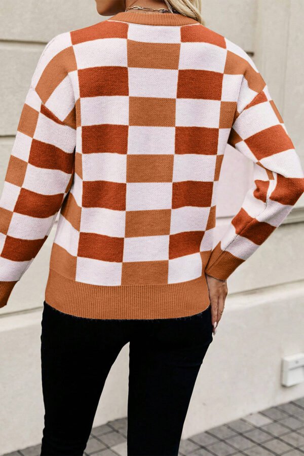 Orange Checkered Ribbed Edge O Neck Drop Shoulder Sweater