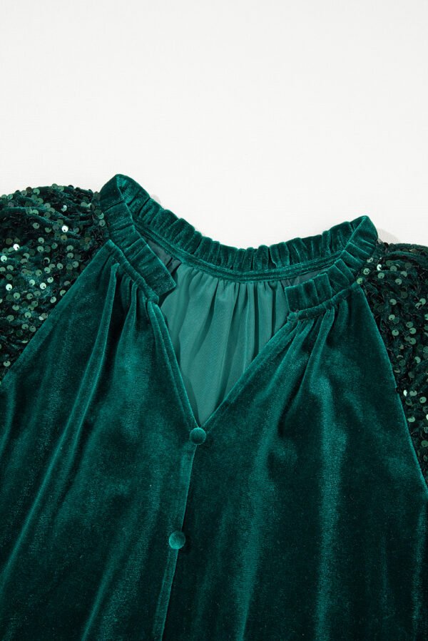 Evergreen Sequin Patchwork Sleeve Button Up Velvet Top