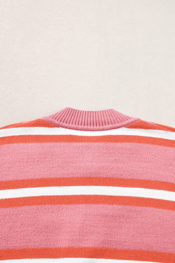 Pink Stripe Drop Shoulder Buttons Cardigan Sweater