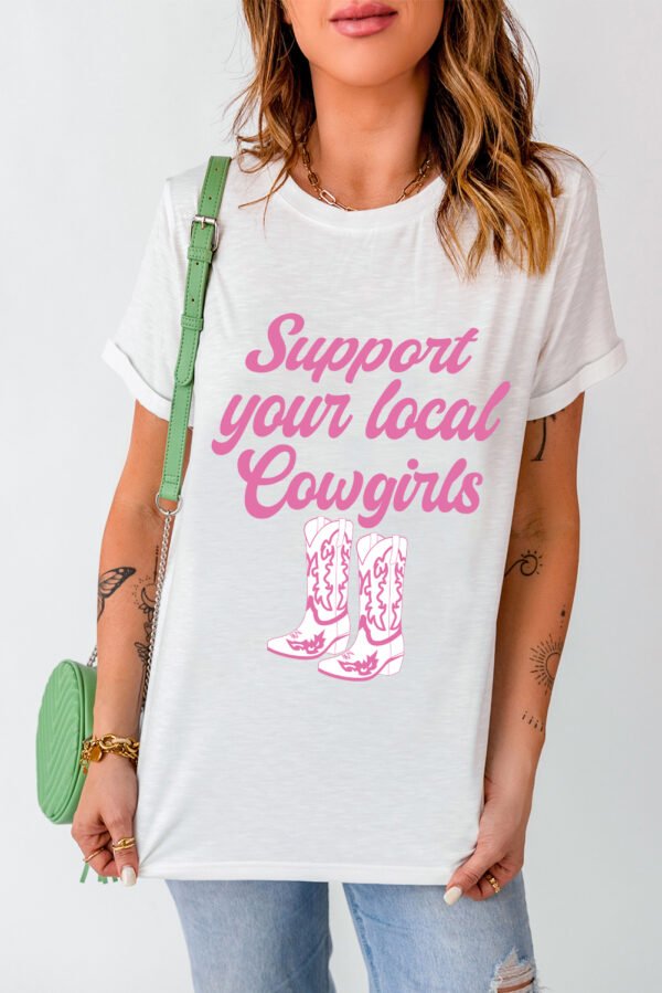 White Support Your Local Cowgirls Boots Print Crewneck Tee