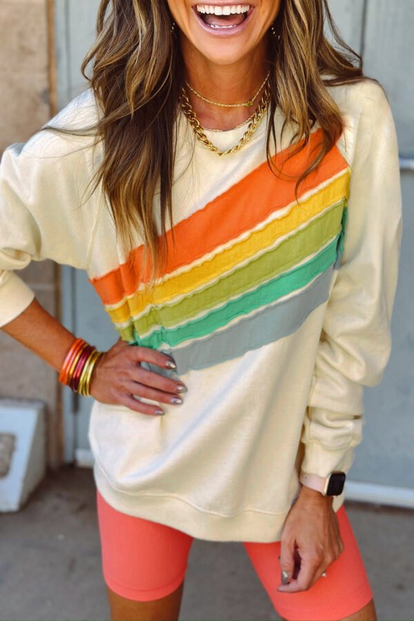 Apricot Rainbow Colorblock Striped Pullover Sweatshirt