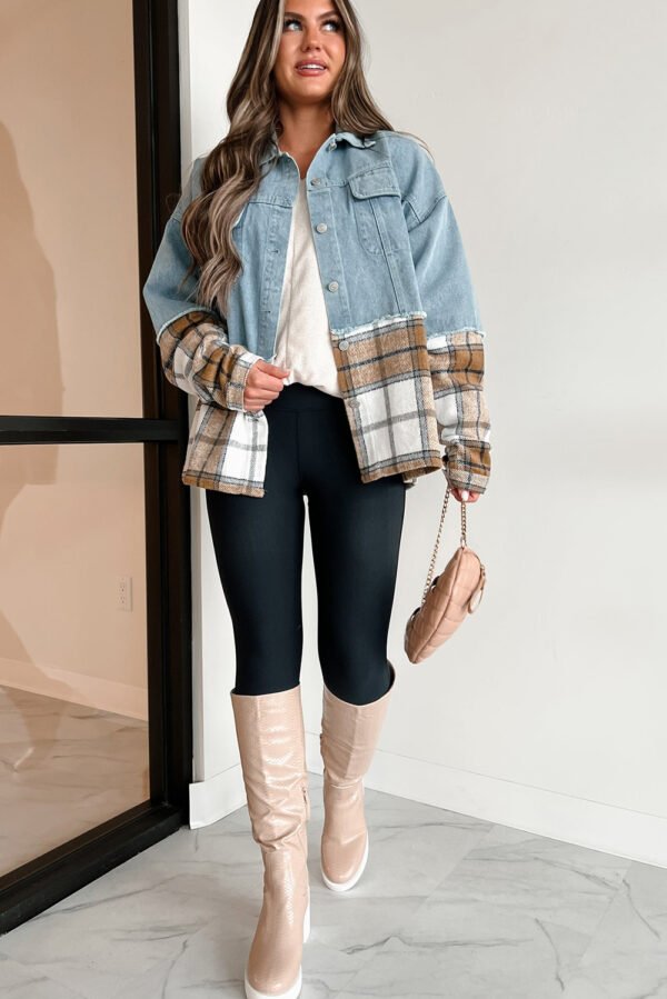 Khaki Plaid Patchwork Buttoned Oversized Denim Jacket