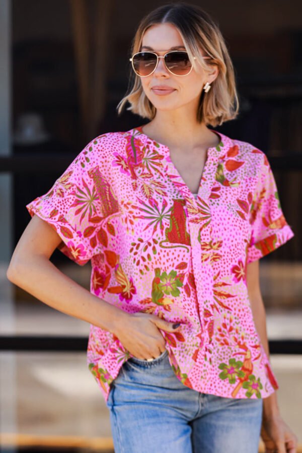 Rose Jungle Floral Print Notch V Neck Blouse