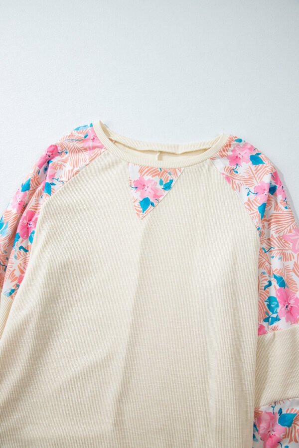 Apricot Plus Size Floral Patchwork Ribbed Puff Sleeve Top