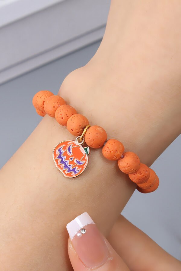 Orange Halloween Pumpkin Face Pendant Beaded Elastic Bracelet