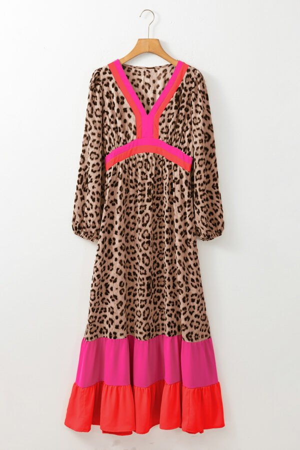 Brown Leopard Color Block V Neck Loose Fit Maxi Dress