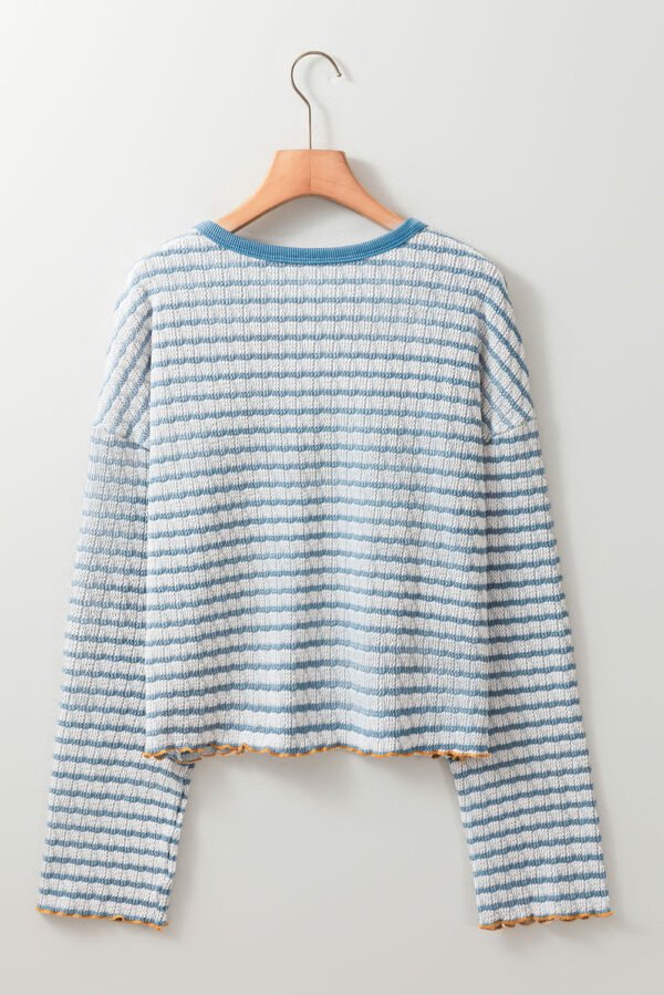 Sky Blue Stripe Textured Frilly Trim Buttons Henley Long Sleeve Top