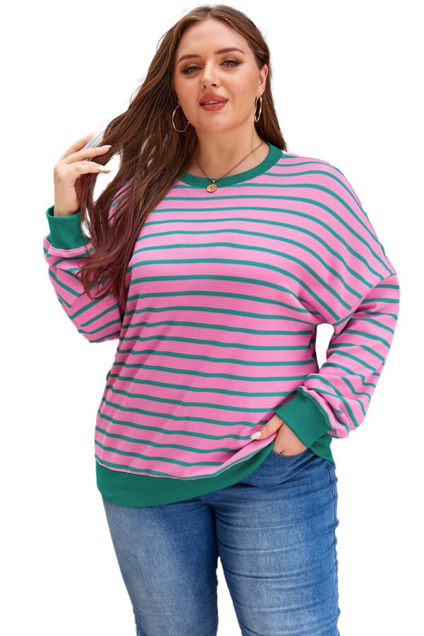 Pink Stripe Waffle Knit Crew Neck Plus Size Sweatshirt