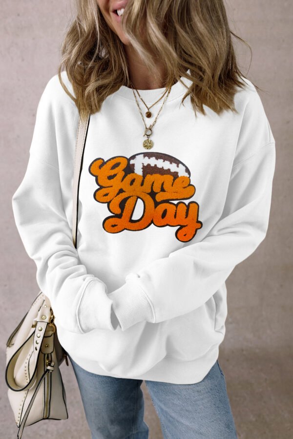 White Chenille Game Day Rugby Football Pattern Pullover Sweatshirt