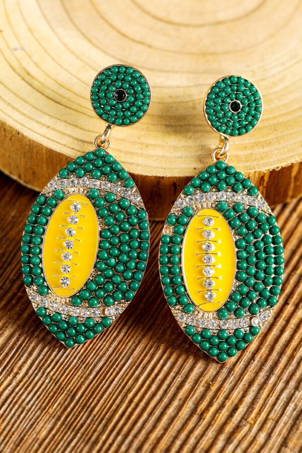 Dark Green Beaded Rhinestone Rugby Football Drop Earrings