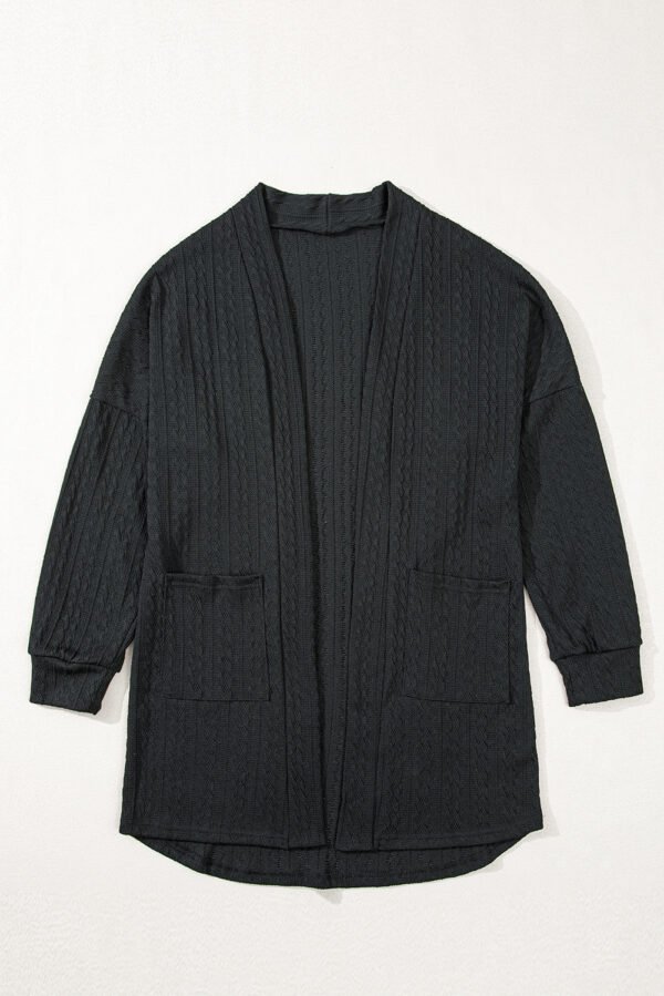 Black Textured Knit Side Pockets Open Front Cardigan