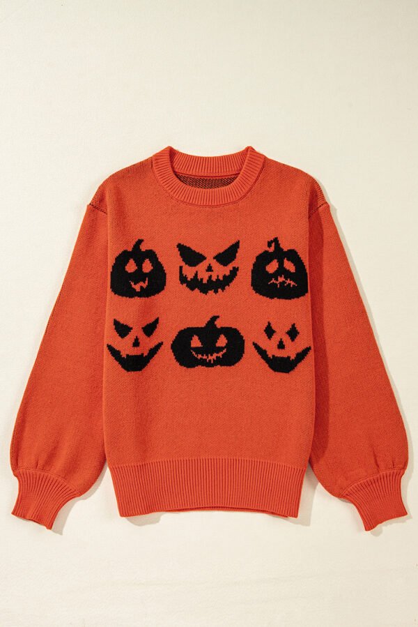 Orange Halloween Pumpkin Face Pattern Drop Shoulder Sweater