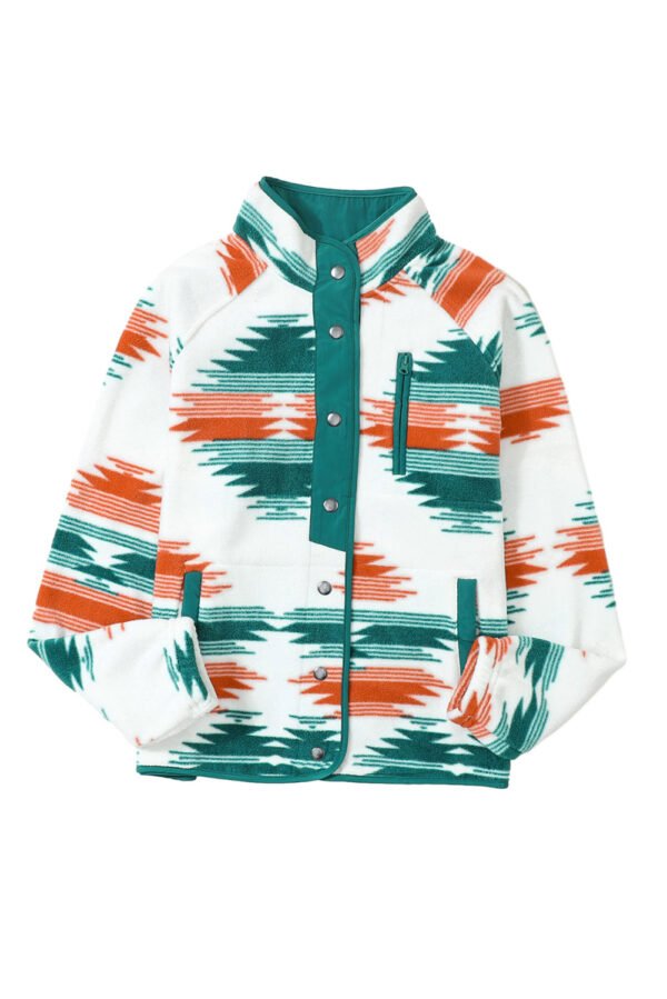 Multicolour Western Aztec Snap Buttoned Fleece Jacket