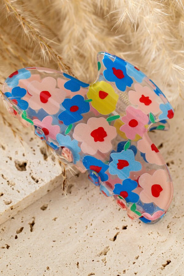 Light Blue Vibrant Flower Print Transparent PVC Hair Clip