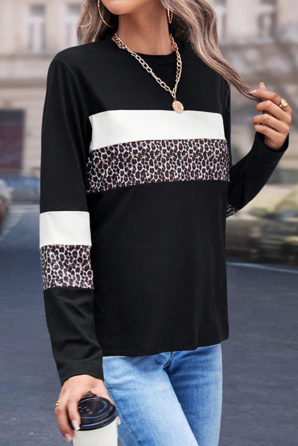 White Leopard Colorblock Patchwork Crew Neck Long Sleeve Tee