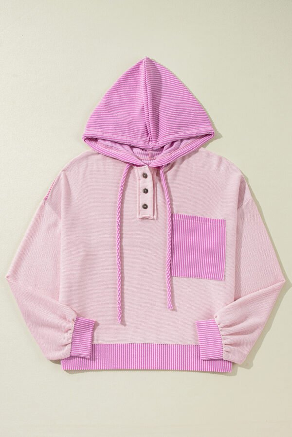 Light Pink Corded Colorblock Patch Pocket Drawstring Hooded Top