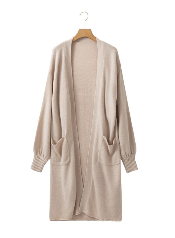 Beige Side Pockets Open Front Long Knitted Cardigan