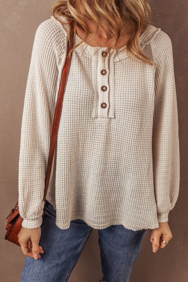 Oatmeal Waffle Knit Buttoned Front Raglan Sleeve Loose Blouse