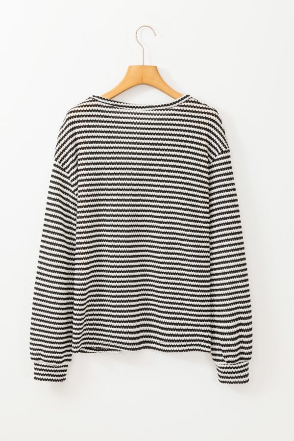 Black Stripe Round Neck Drop Shoulder Long Sleeve Top