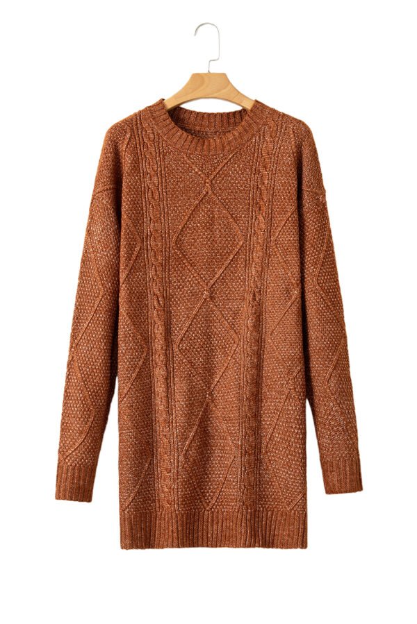 Coffee Cable Knit Drop Shoulder Loose Fit Sweater Dress