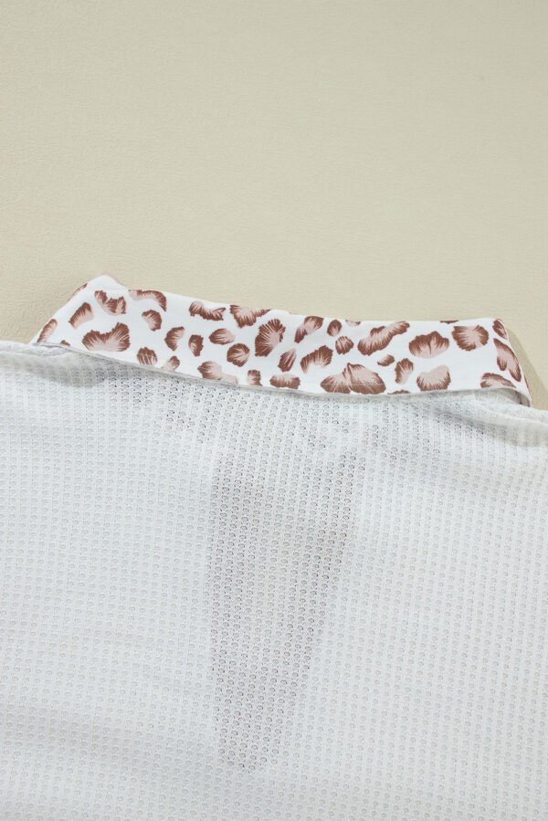 White Leopard Patchwork Turn-down Collar Waffle Top