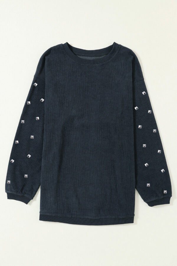 Dark Grey Bead Studded Sleeve Corded Drop Shoulder Sweatshirt