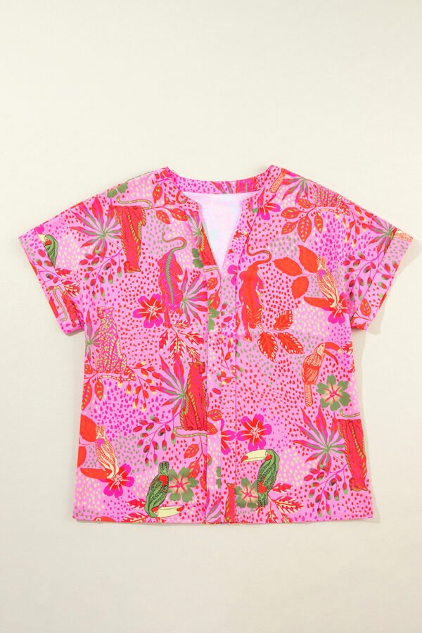 Rose Jungle Floral Print Notch V Neck Blouse