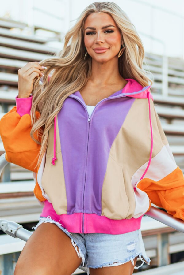 Grapefruit Orange Oversized Colorblock Patchwork Full Zipped Hoodie